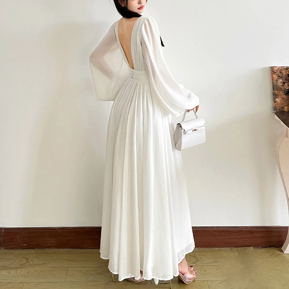 Sommer neue sexy V-ausschnitt einfarbig chiffon taille abnehmen temperament langärmelige kleid frauen