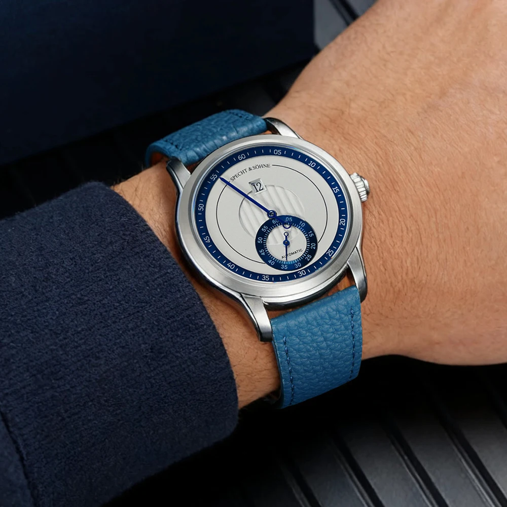 Specht & Söhne White Automatic Watch Men Business Jump Hour Mechanical Movement Seagull ST1721 Genuine Leather Strap Waterproof