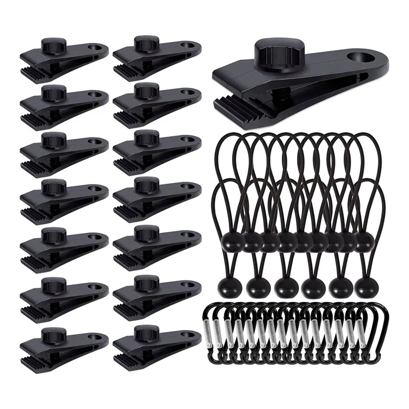 45Pcs Tarp Clips Heavy Duty Lock Grip With Carabiner Clips And Bungee Cords Set, Tarp Clamp Tarp Fasteners Awning Clips