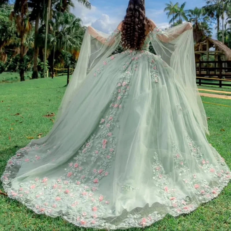 Mint green Quinceanera Dress off-shoulder glitter 3D flower decal Long tail vestidos de 15 Quinceanera ﻿Customize