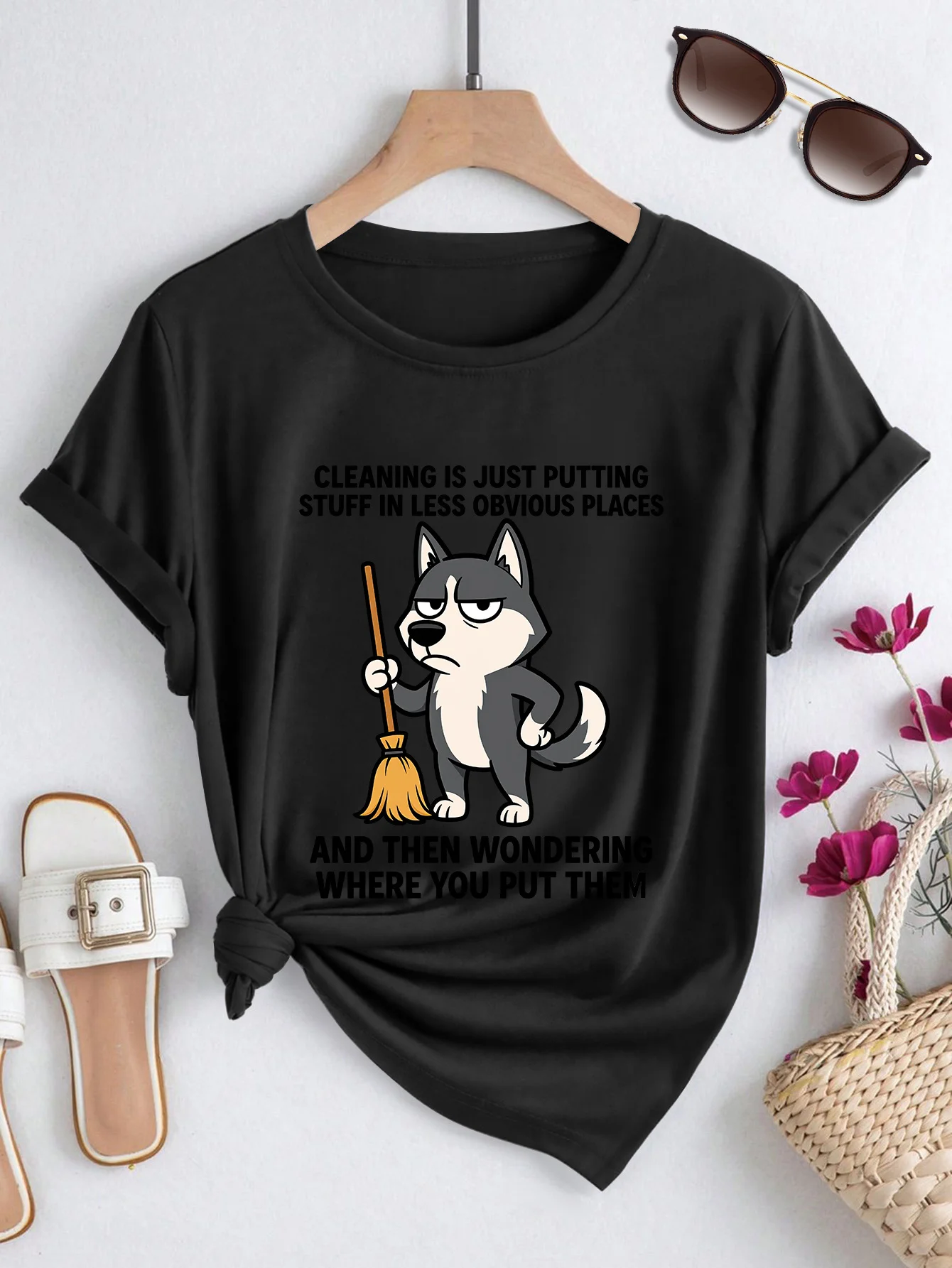 Cleaning Is Just Putting Stuff Fun Husky Print Spring/summer/autumn Round Neck Tshirt Fashion Casual Commuting Vacation T-shirt