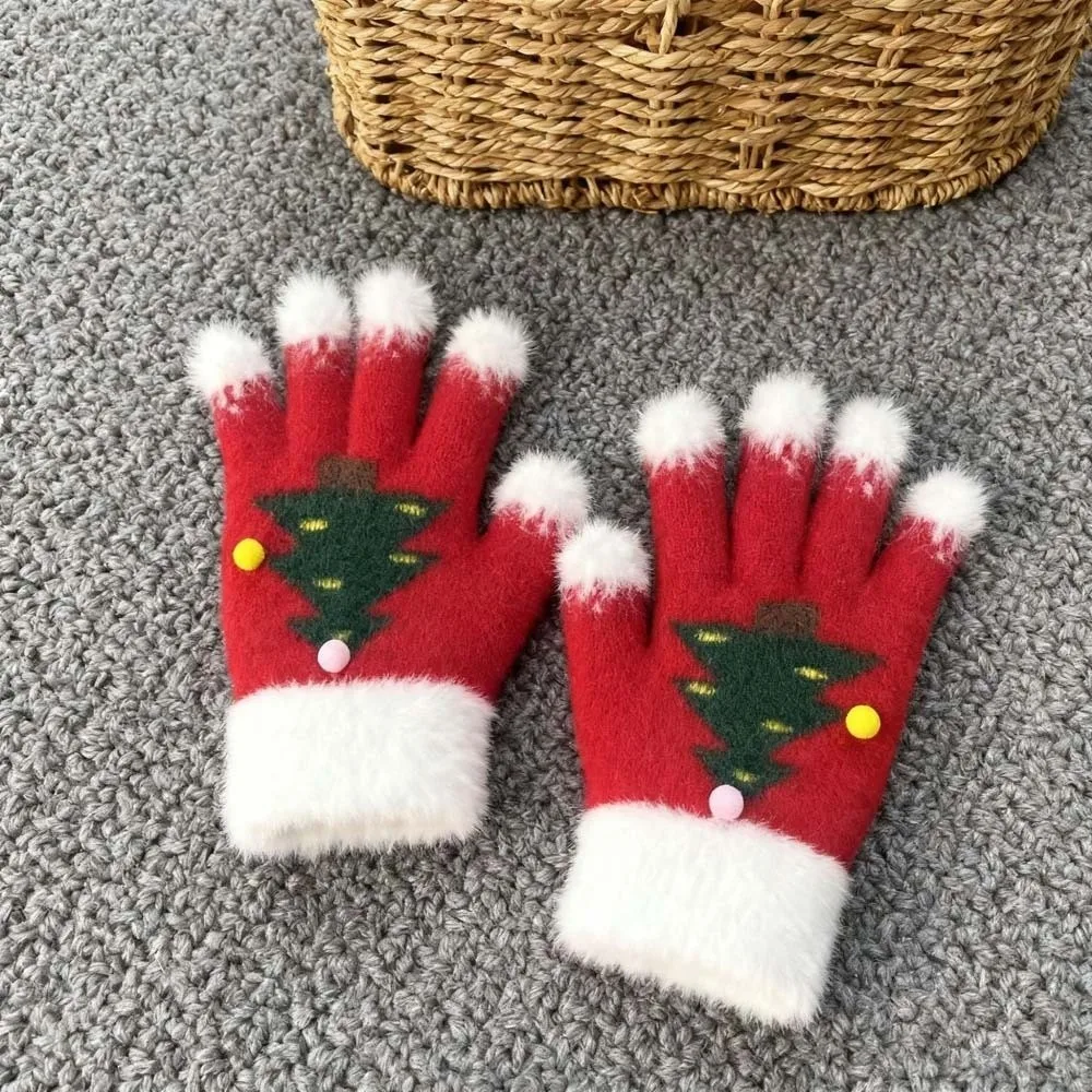 Red Green Christmas Gloves Knitted Woolen Elastic Wrist Winter Knit Mittens Cuff Soft Texture Touchscreen Full Finger