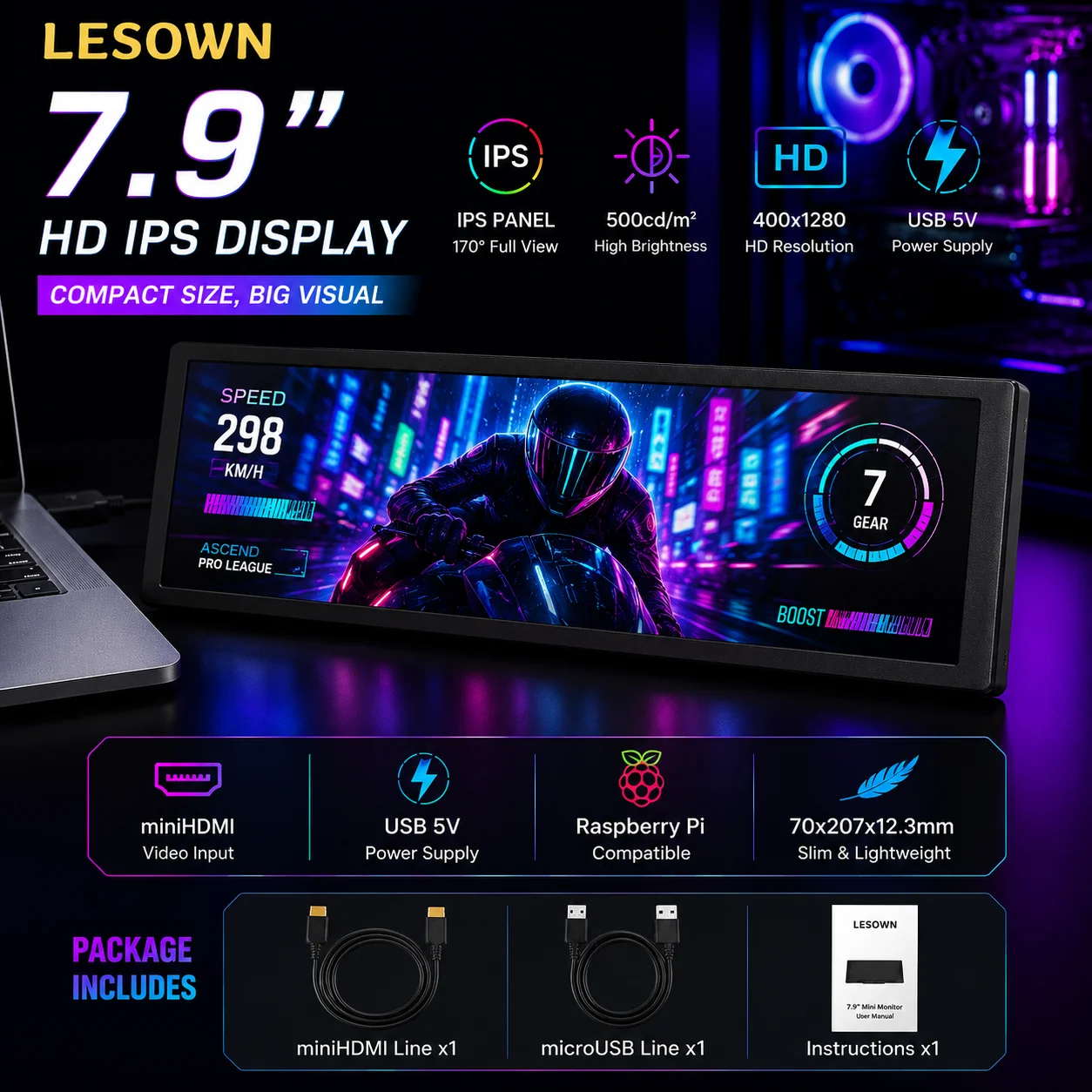 LESOWN Aluminium 7.9inch Sim Dashboard Display 400x1280 Ultrawide Secondary Screen 60Hz Monitor for Driving Rig Setup