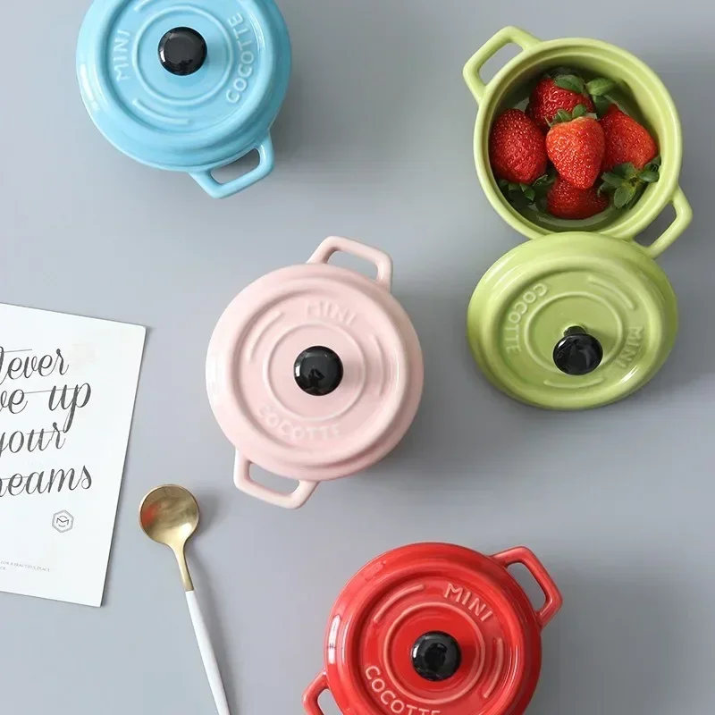 Cuenco de desayuno de cerámica con tapas, recipiente seguro para horno, Mini cazuela, souflé, cubierta y mango para sopa de cebolla francesa, 220ml