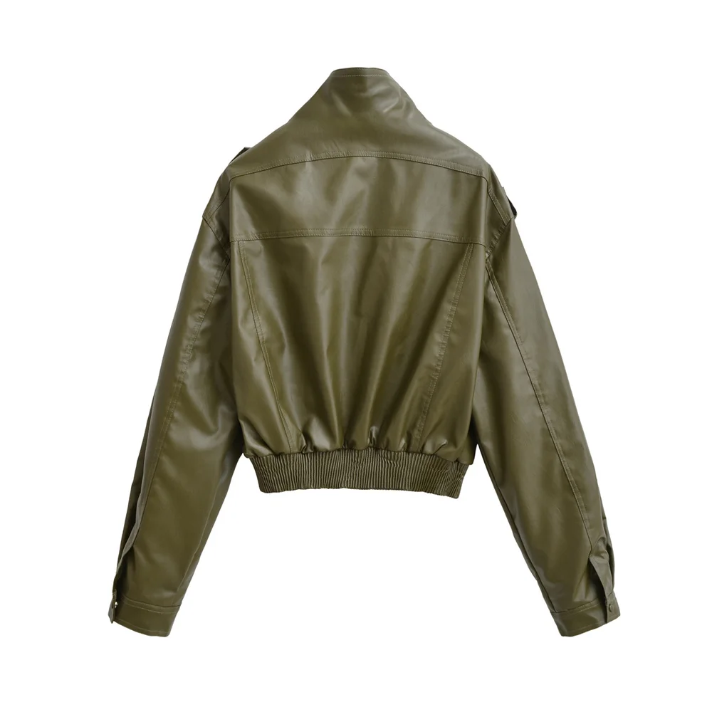 شتاء منتج جديد أزياء المرأة عارضة تنوعا الوقوف طوق كم طويل تقليد الجلود سستة الديكور سترة معطف