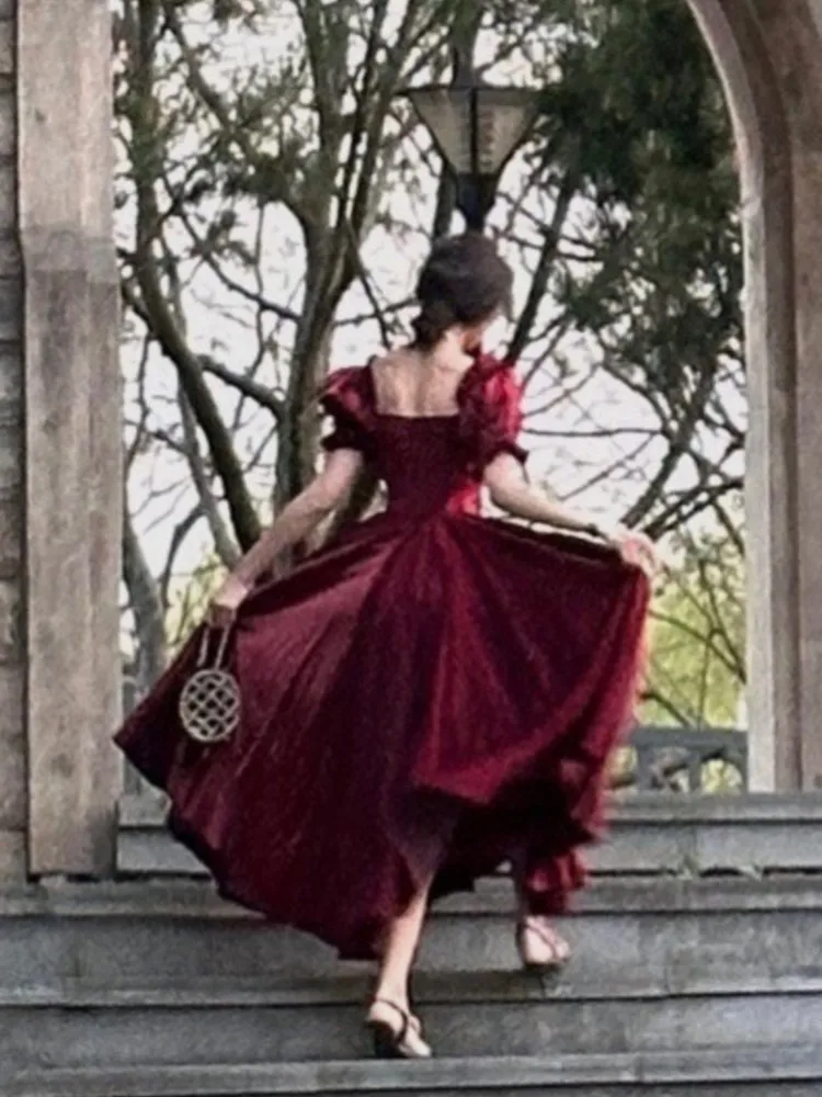 Vintage French Burgundy Evening Party Dress Women 2024 Summer Elegant Romantic Prom Vestidos Korean A-line Graduation Dresses