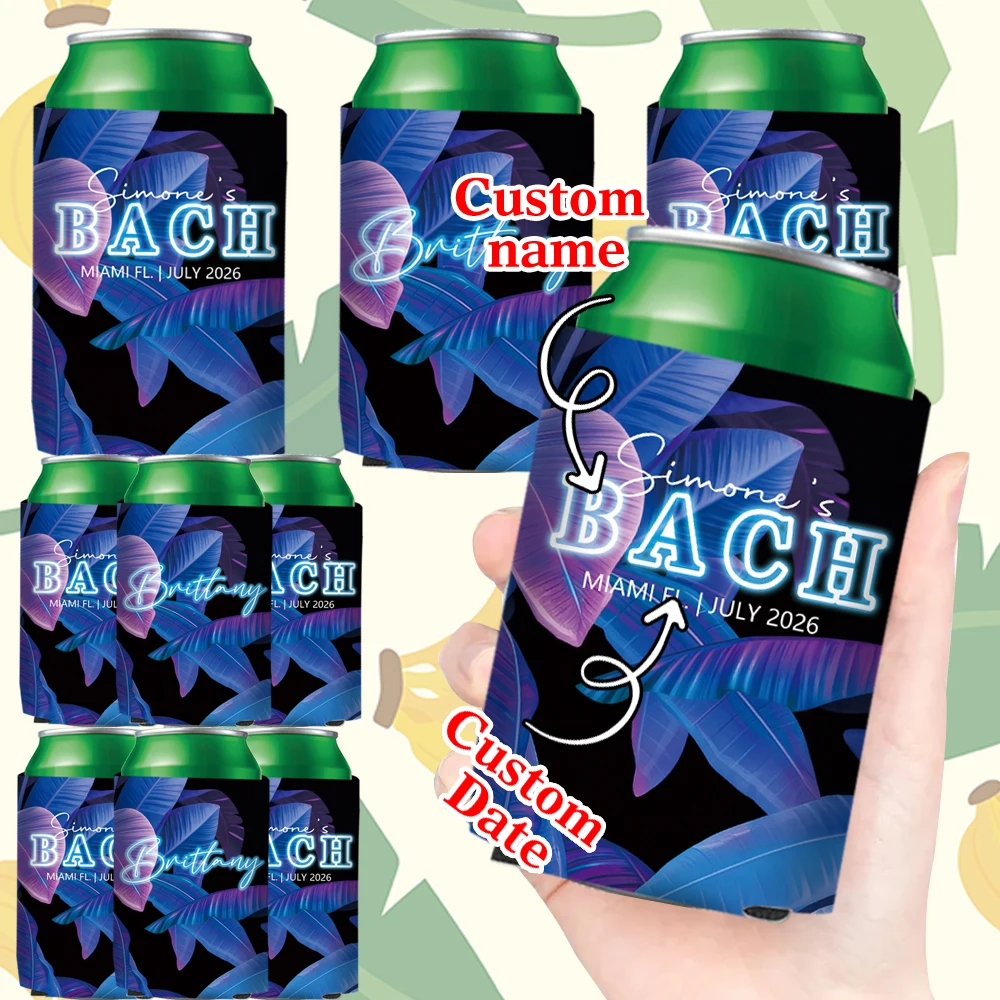 Personalisierte Neon-Blatt-Partyhüllen für individuelle Texte, Kühler für Bierflaschen, Junggesellinnenabschied-Geschenke, Miami-Beach-Hochzeitsdekoration