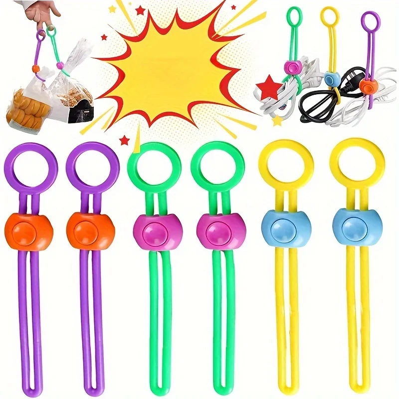 3pcs mix color Silicone Food Bag Sealing Strap Freshness Sealing Clip Adjustable Clips Sealer Data Cable Storage Kitchen Gadgets
