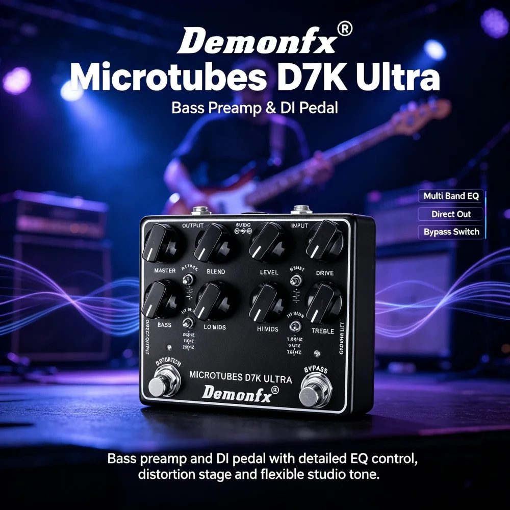 Demonfx D7K Microtubes Ultra Bass Preamp DI Pedal with Master Blend Level EQ Distortion And Bypass Switch for Electric Bass Guit