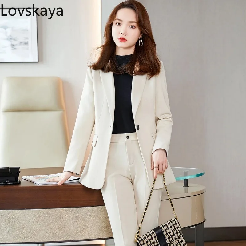 Women Apricot Black Classic Pant Suit 2 Piece Office Ladies Business Work Wear Formal Blazer And Trouser Set