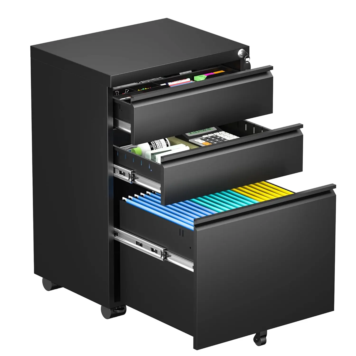 

3 Drawer Black File Cabinet, Fully Assembled Metal Rolling Filing Cabinet With Lock, Under Desk Filing Cabinets For, Customized