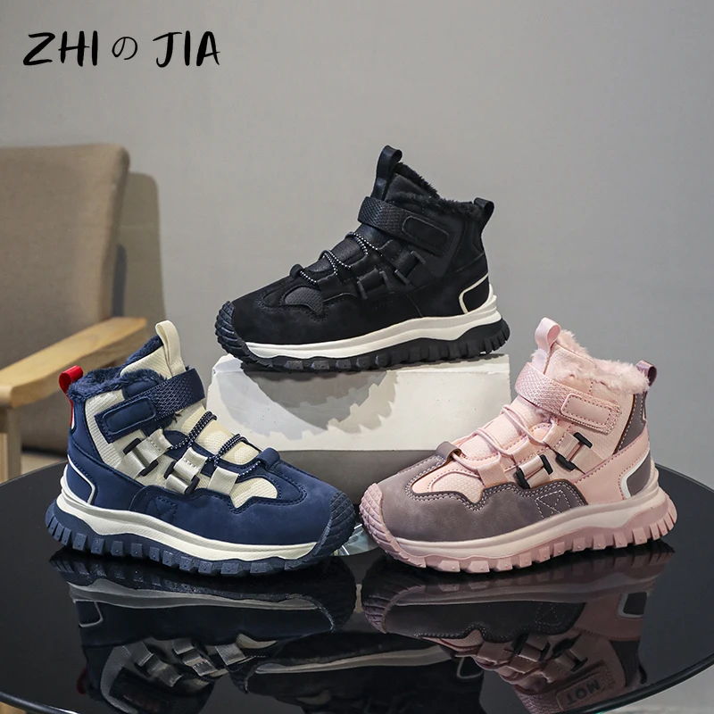 New Children\'s Sneaker Winter Plush Warm High Top Shoes Boys and Girls Fashionable Casual Anti slip and Wear Resistant Footwear