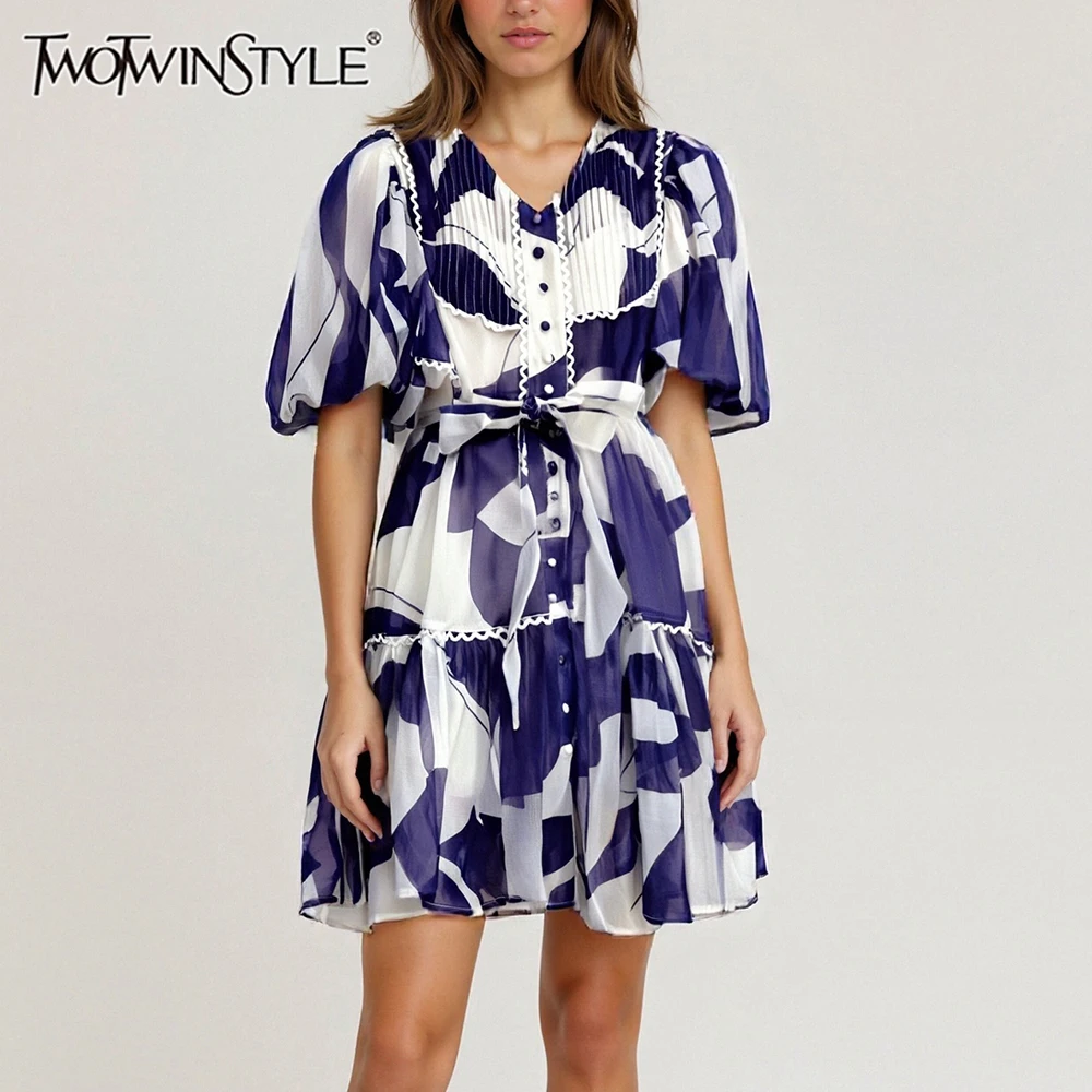 

TWOTWINSTYLE Colorblock Slimming Spliced Lace Up Dresses for Women V Neck Short Sleeves Patchwork Printing Mini Dress Female New