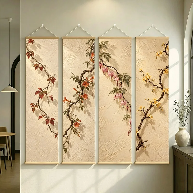 Wall Art Bleeding Heart and Forsythia, Serene Wabi-Sabi Botanical Silver Shimmer Canvas Hanging Scroll for Spa Room Decor