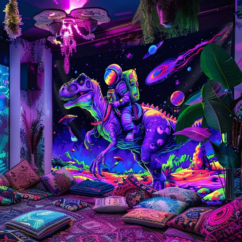 VIKAMA Astronaut mit Dinosaurier-Motiv Wandteppiche, großformatiger fluoreszierender Hängestoff für Weltraum und Planeten, Heimdekoration