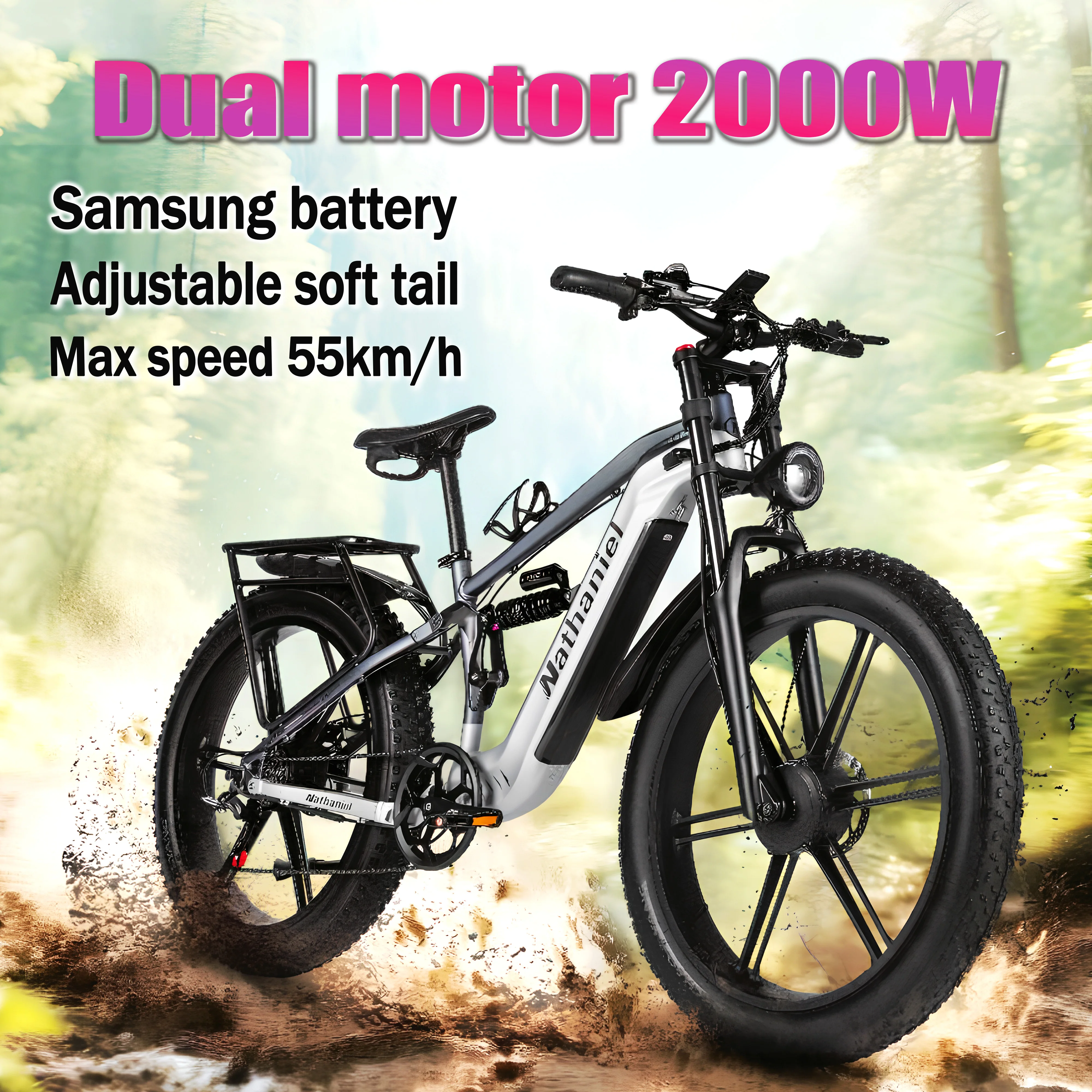 

Nathaniel SYR09 Two motor 2000W, 26"one piece wheel E-bike,48V 20Ah Detachable battery, speed 55km/h, all terrain mountain bike