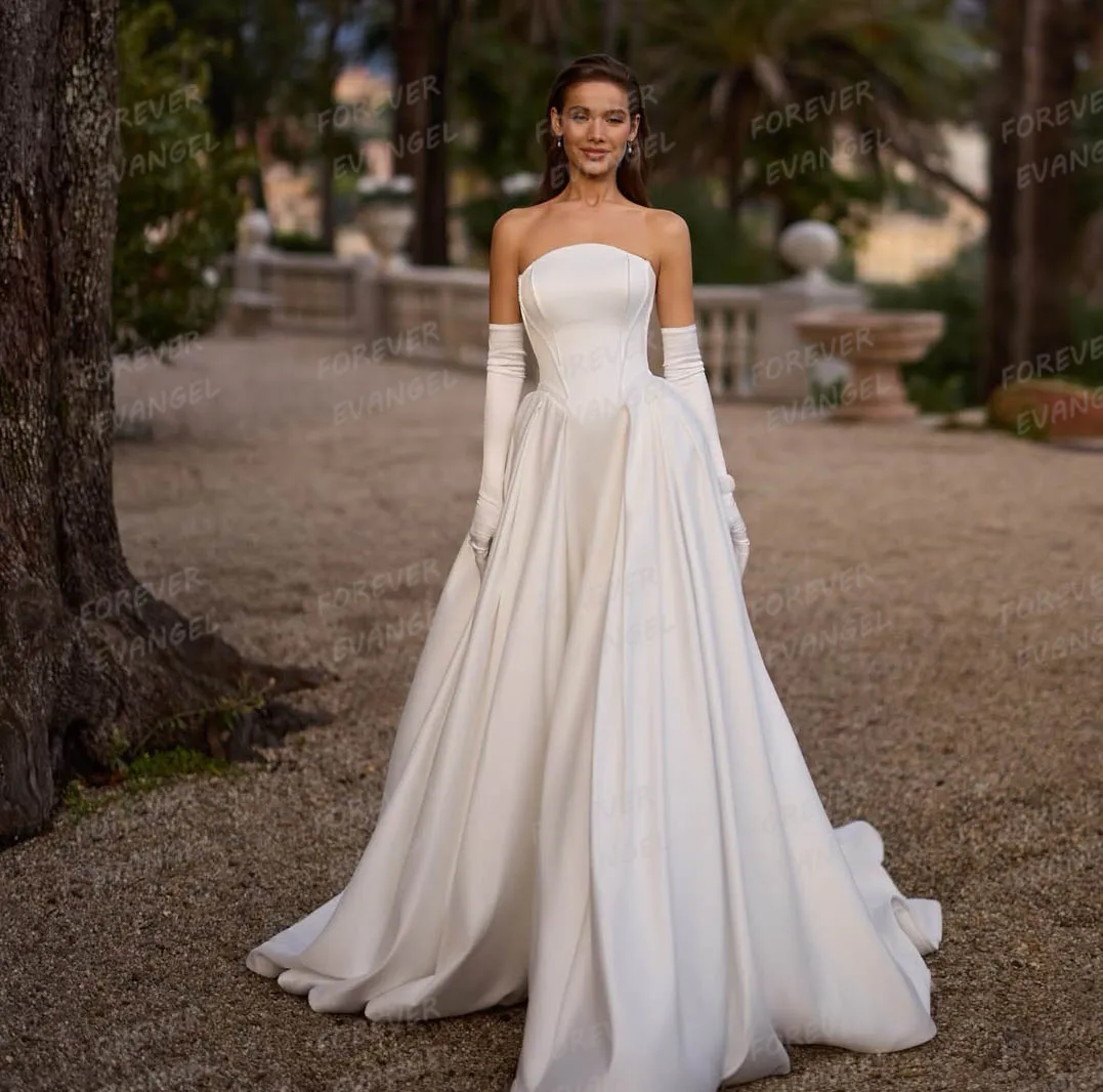 

Simple Wedding Dresses Woman Satin Sexy Strapless Sleeveless Backless A Line Bridal Gowns Vestidos De Novia Customized Gloveless