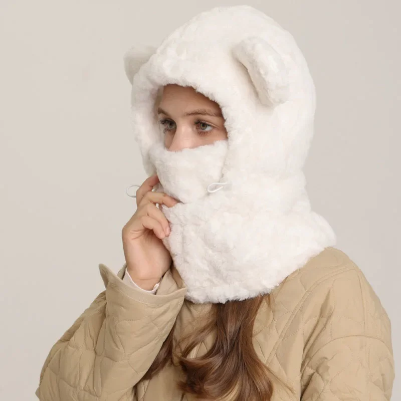 Engrossado de pelúcia inverno quente chapéu cachecol máscara define feminino kawaii urso orelha gorro proteção de orelha boné à prova de vento bicicleta bowler chapéu