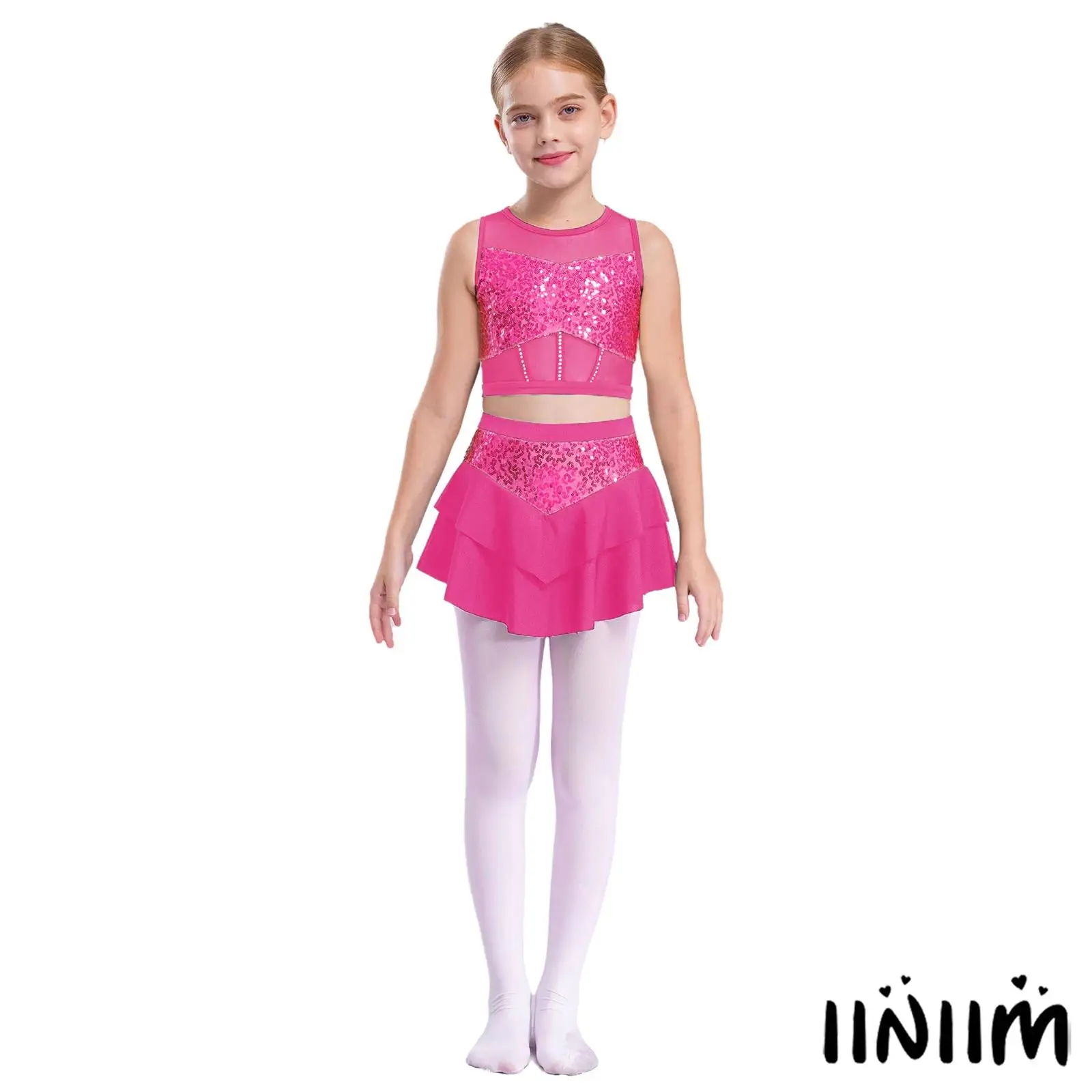 

Kids Girls Cheerleading Jazz Dance Set Sleeveless Cutout Back Sheer Mesh Patchwork Shiny Sequins Crop Top with Tiered Skirt