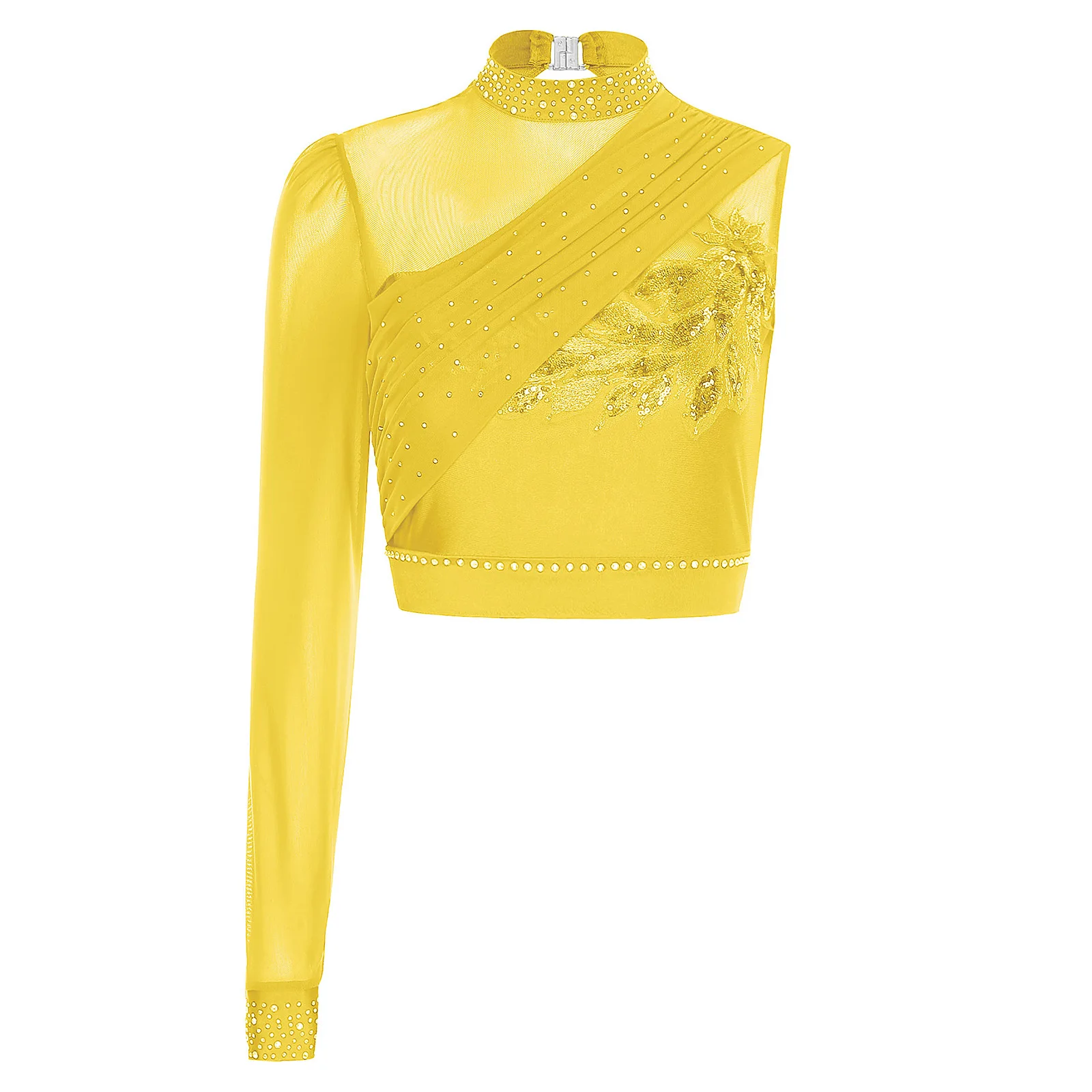 Womens Lyrical Ballet Dance Crop Tops 원 메쉬 긴 소매 어깨 반짝이 라인 석 풀오버 크롭 탑 현대 댄스웨어