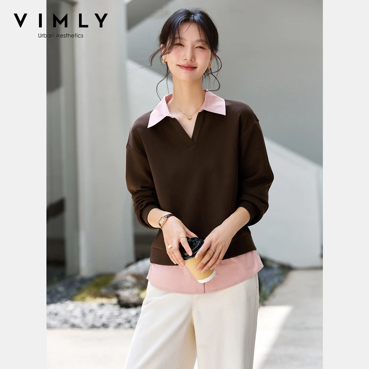 

VIMLY Women's Sweatshirt Contrast Color Turn-down Neck Preppy Style Long Sleeve Brown Sweatshirts Loose Tops 2025 Autumn A2517