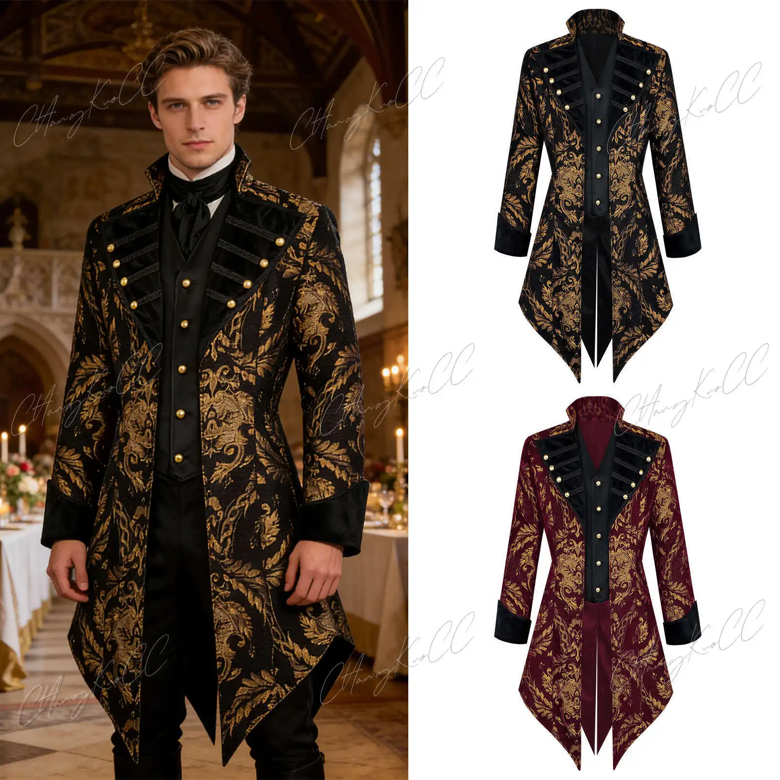 

Мужской плащ в средневековом стиле ретро, средней длины, в стиле стимпанк, для косплея, жаккардовый, для Хэллоуина