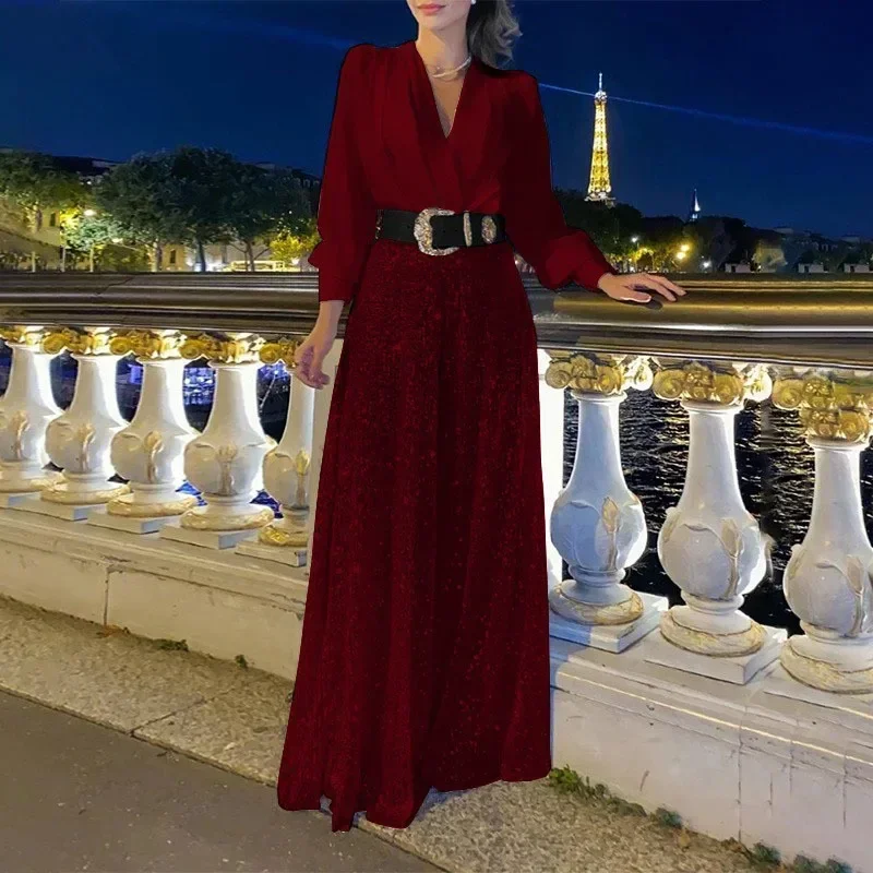 Women's Jumpsuit Fashion V-neck Long Sleeved Shirt with Elegant Temperament Slim Waist and Sequin Wide Leg Pants Autumn 2024