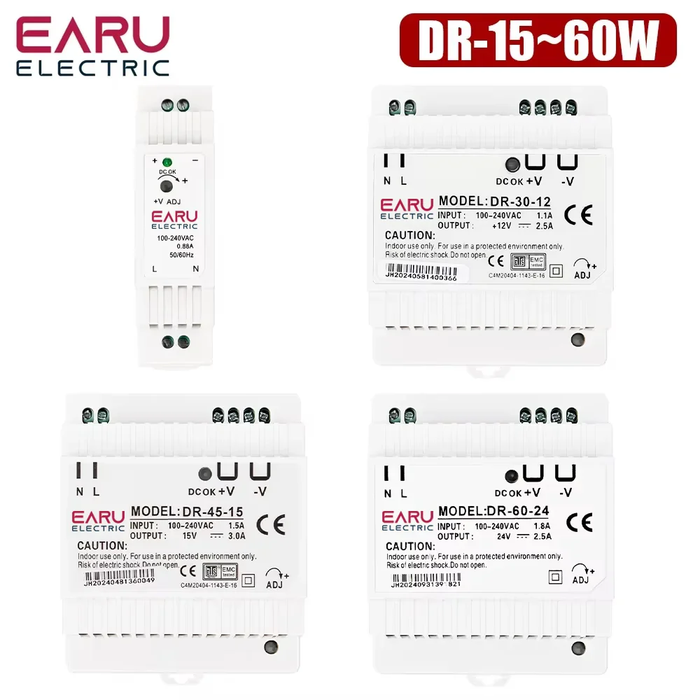 15W 30W 45W 60W Single Output DC 5V 12V 24V Industrial Din Rail Power Supply Switch Input 100-240VAC DR-15 DR-30 DR-45 DR-60