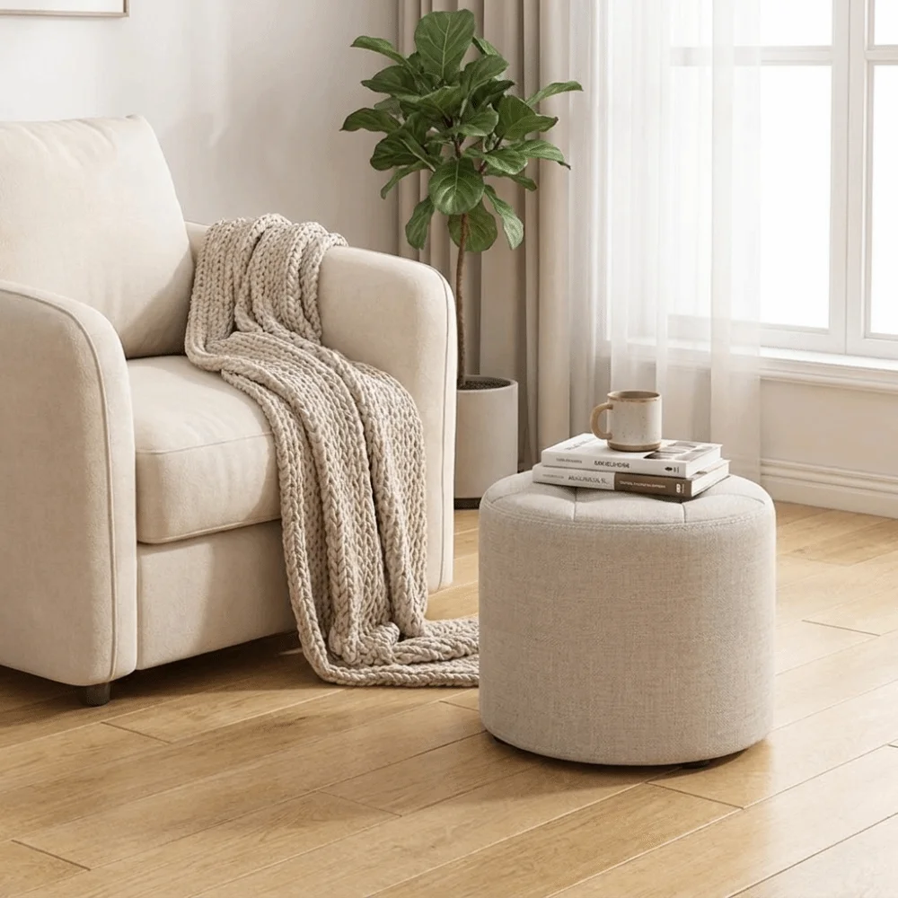 Casual Rest Round Low Stool Soft Sturdy Sitting Pier Breathable Textured Fabric Tufted Stitching Foot Stool Entryway