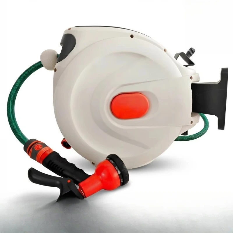 Retractable garden hose reel, wall-mounted slow winding unit with brass connector and 8-mode nozzle