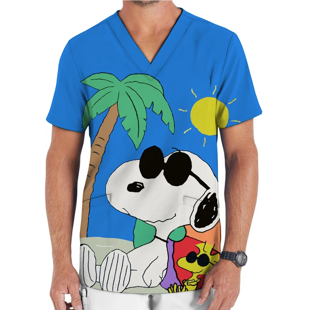 New nurse frosted top cute cartoon Snoopy print hospital work uniform frosted suit men's V-neck short sleeved frosted top