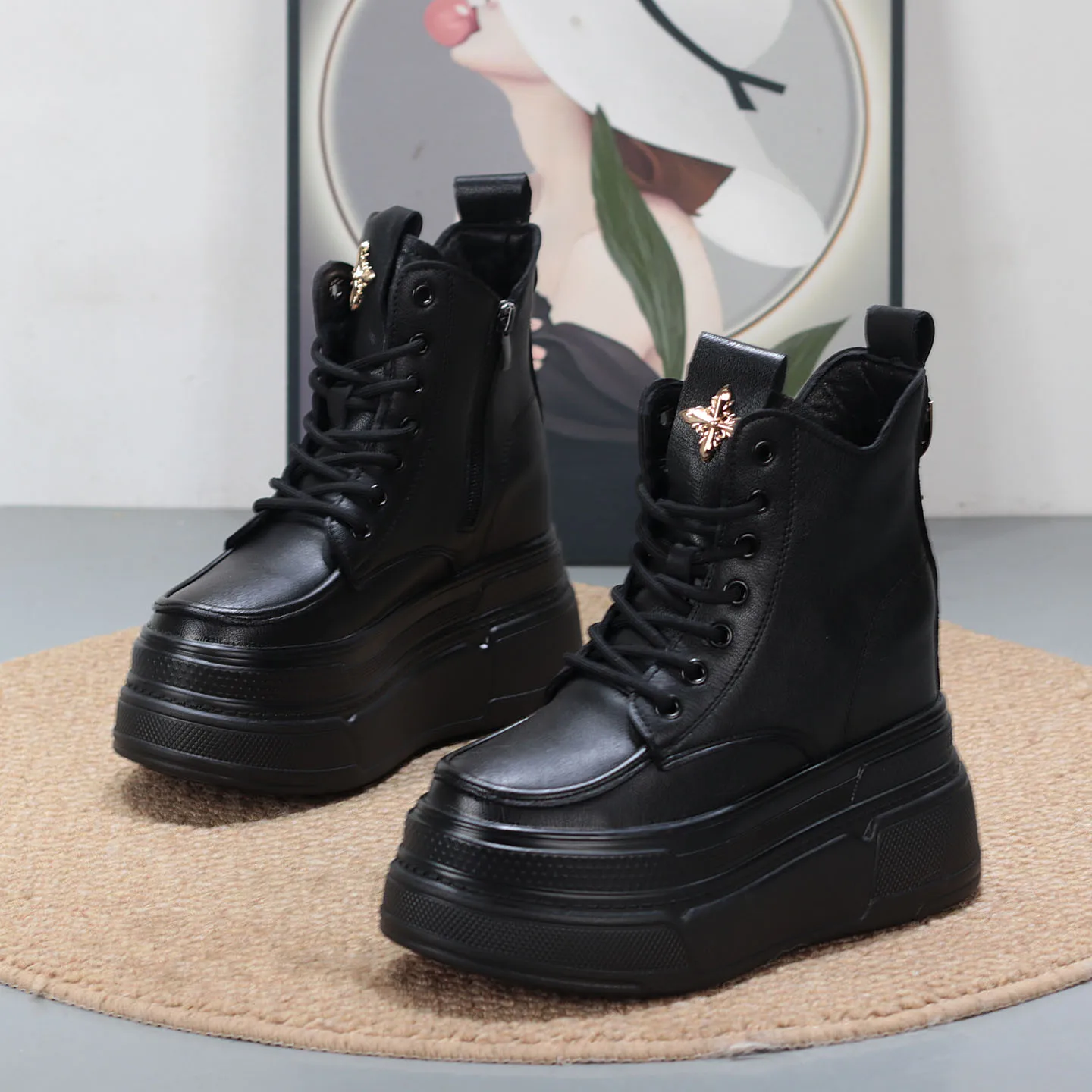 

Extra Tall 12CM Inner Heel Shoes 10CM High Cut Boots for Petite Women Thick Bottom Wedge White Sneakers Lightweight