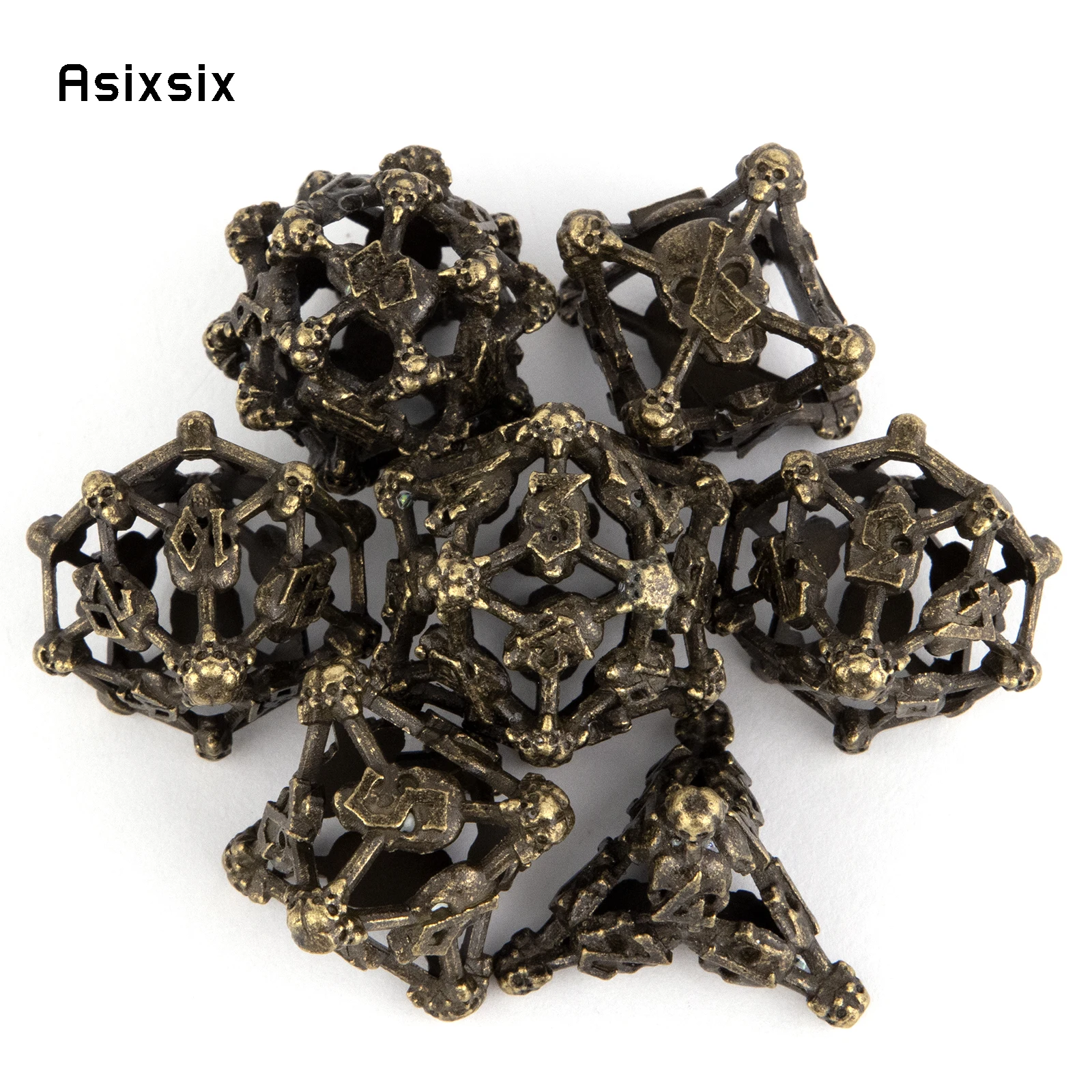 7 Pcs Copper Skull Head Metal Dice Hollow Metal Polyhedral Dice Set Suitable for Role-Playing RPG  Board Game Card Game