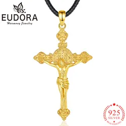 Eudora collana in argento Sterling 925 con croce di gesù in oro 18 carati con ciondolo amuleto di san benedetto regalo di gioielli religiosi per uomo donna