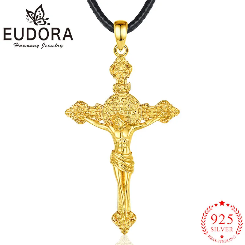 Eudora 925 Sterling Silver Jesus Cross Necklace 18K Gold Saint Benedict Amulet Pendant Religious Jewelry Gift For Men Women