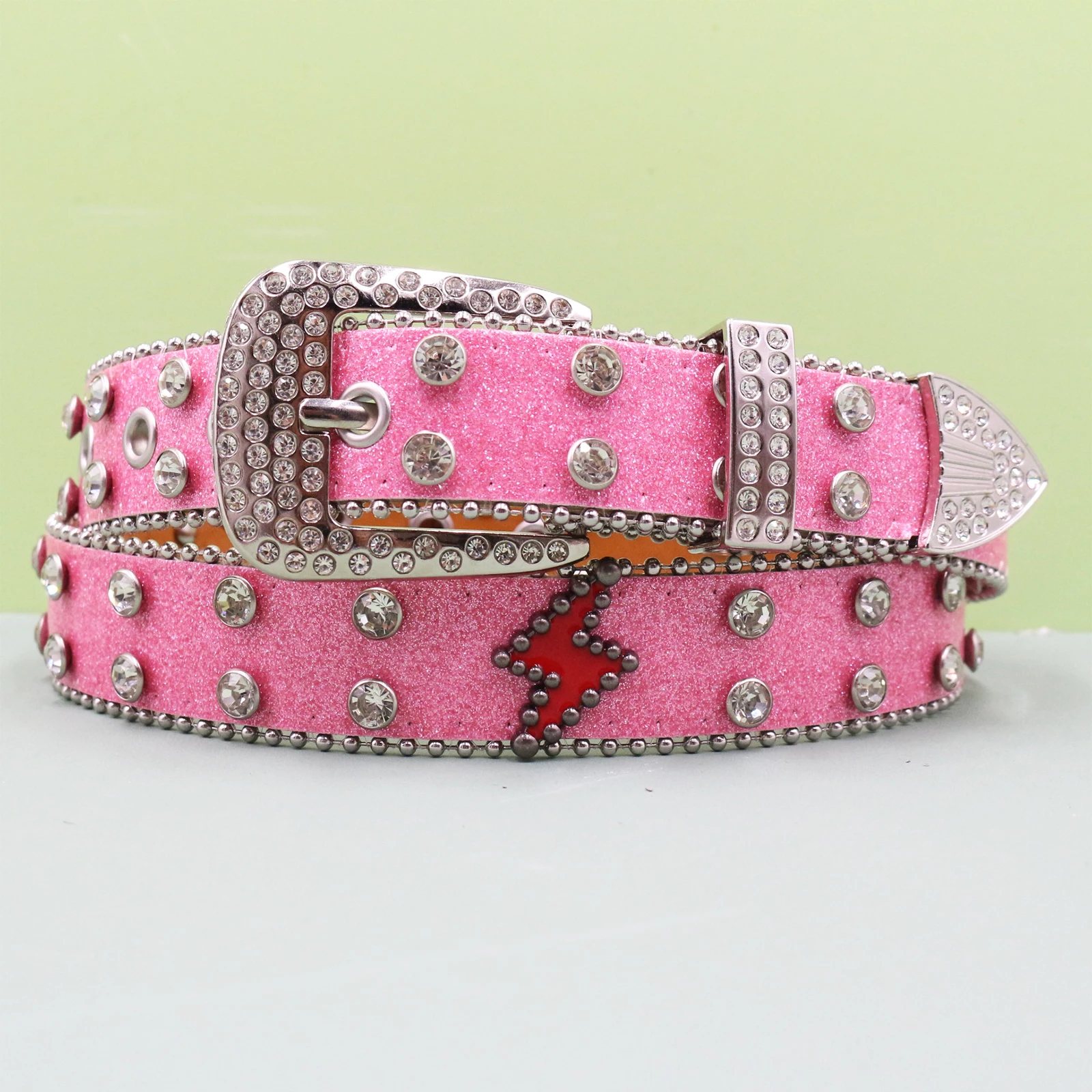 Multi-Color Lightning Bolt Rhinestone Belt Unisex Hip Hop Rock Rivet Studded PU Leather Bling Waist Belt Fashion Gift