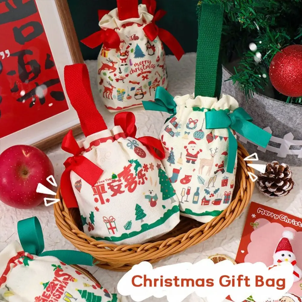 Cartoon Canvas Christmas Gift Bag Portable Large Capacity Candy Handbag Drawstring Pocket Christmas