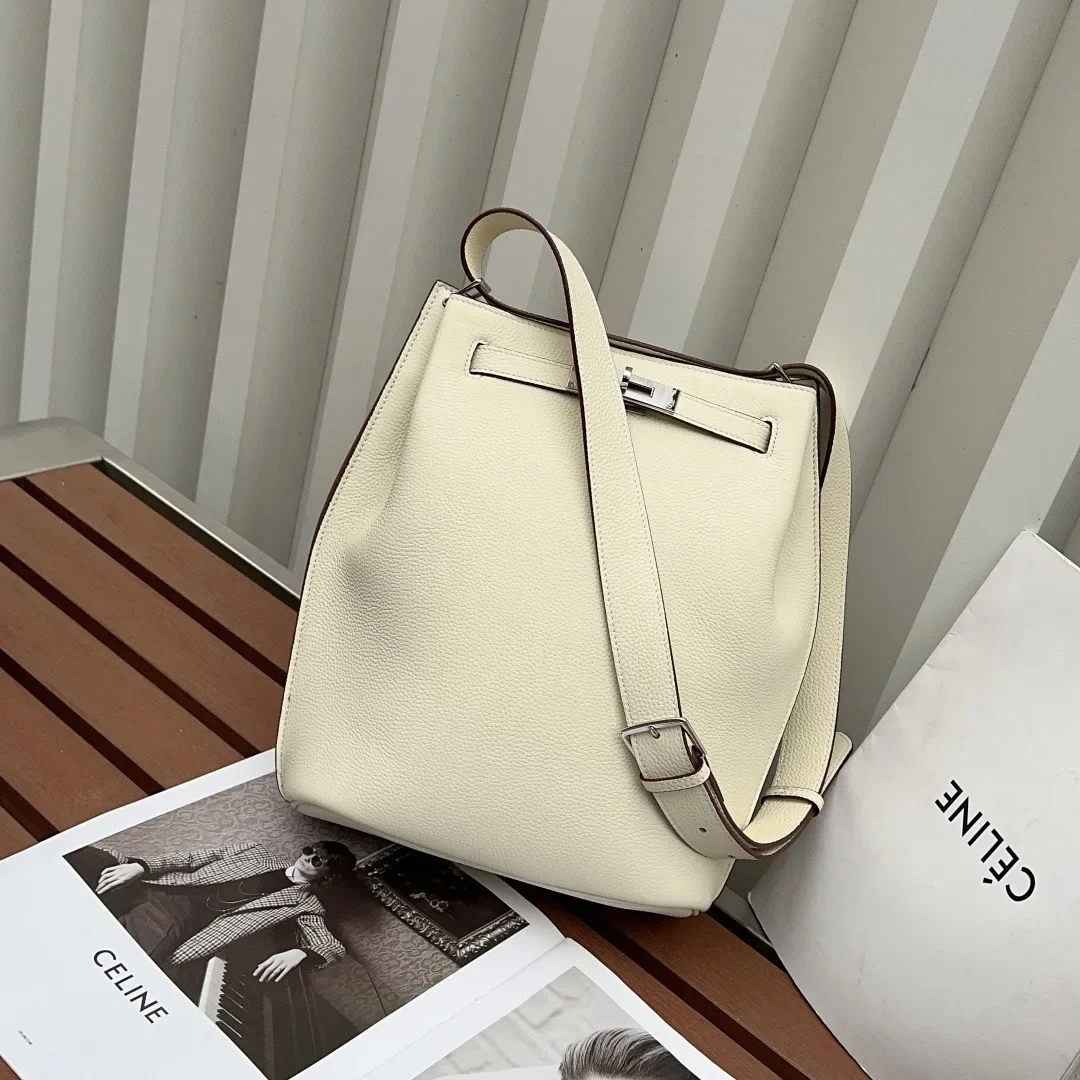 2024 New Niche Style Large Capacity Top Layer Cow Leather Bucket Bag Women's Trendy Shoulder Crossbody Handbag Soft