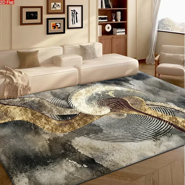 Luxury Golden Line Abstract Wave Art Carpet Flooring High Grade Living Room Villa Indoor Decor Rug