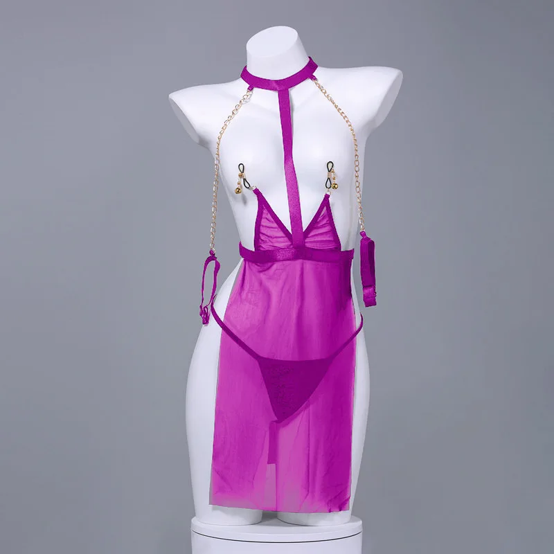 

Erotic Sexy Women Mesh Transparent Temperament Uniform Chain Chest Clip Dress Lingerie Pajamas Outfit Costumes