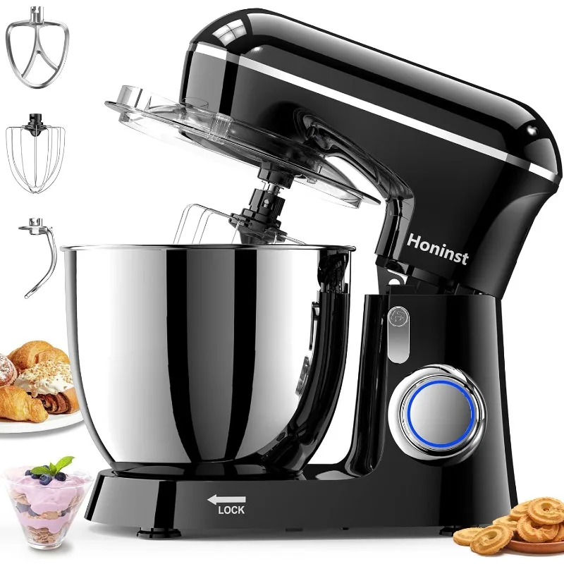 Honinst 6.5QT 10-Speed Tilt-Head Electric Stand Mixer, 3-In-1 Kitchen Mixer with Bowl,Dough Hook,Whisk & Beater,Food Mixer,Black