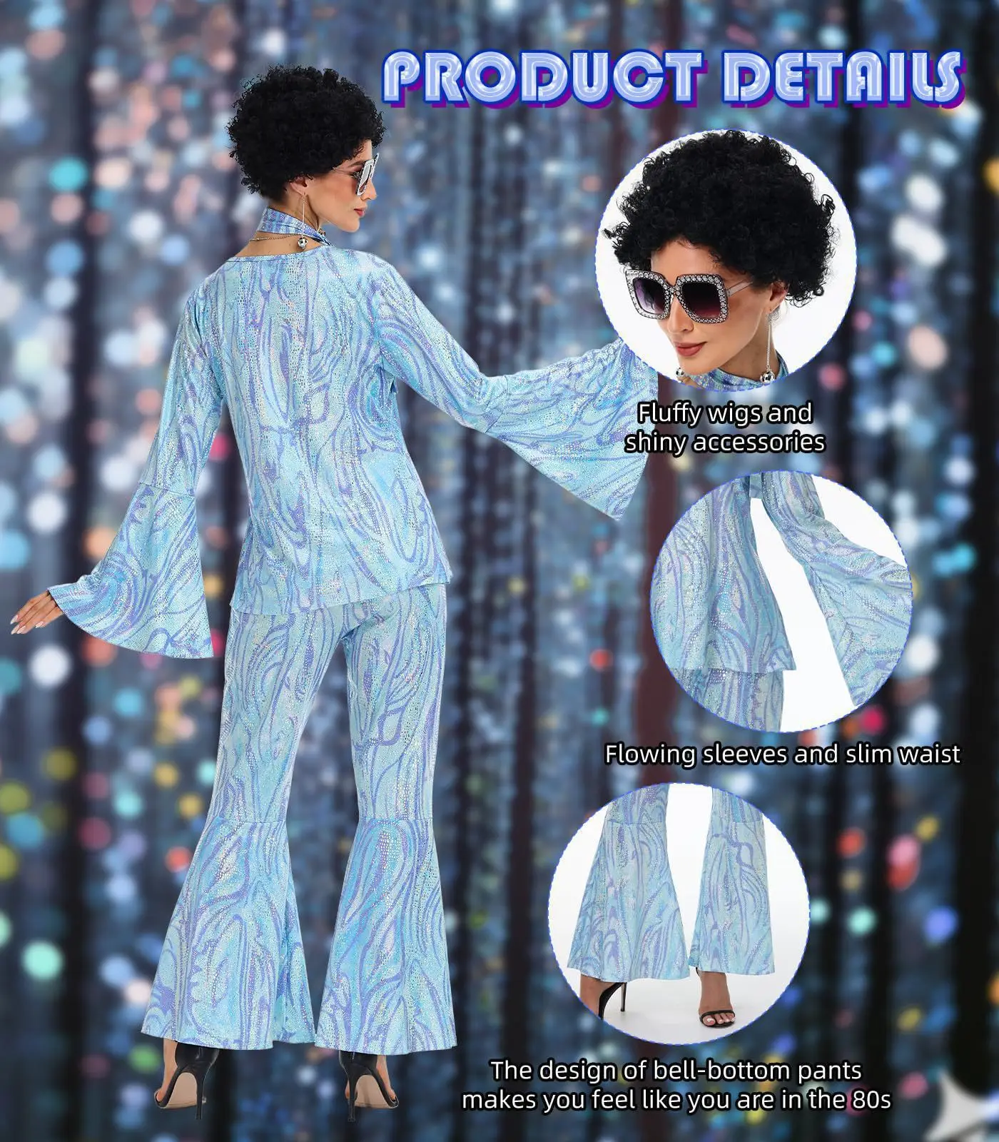 Déguisement Disco Années 70 Femme Complet – Haut, Pantalon, Lunettes, Bijoux et Perruque – photo 6