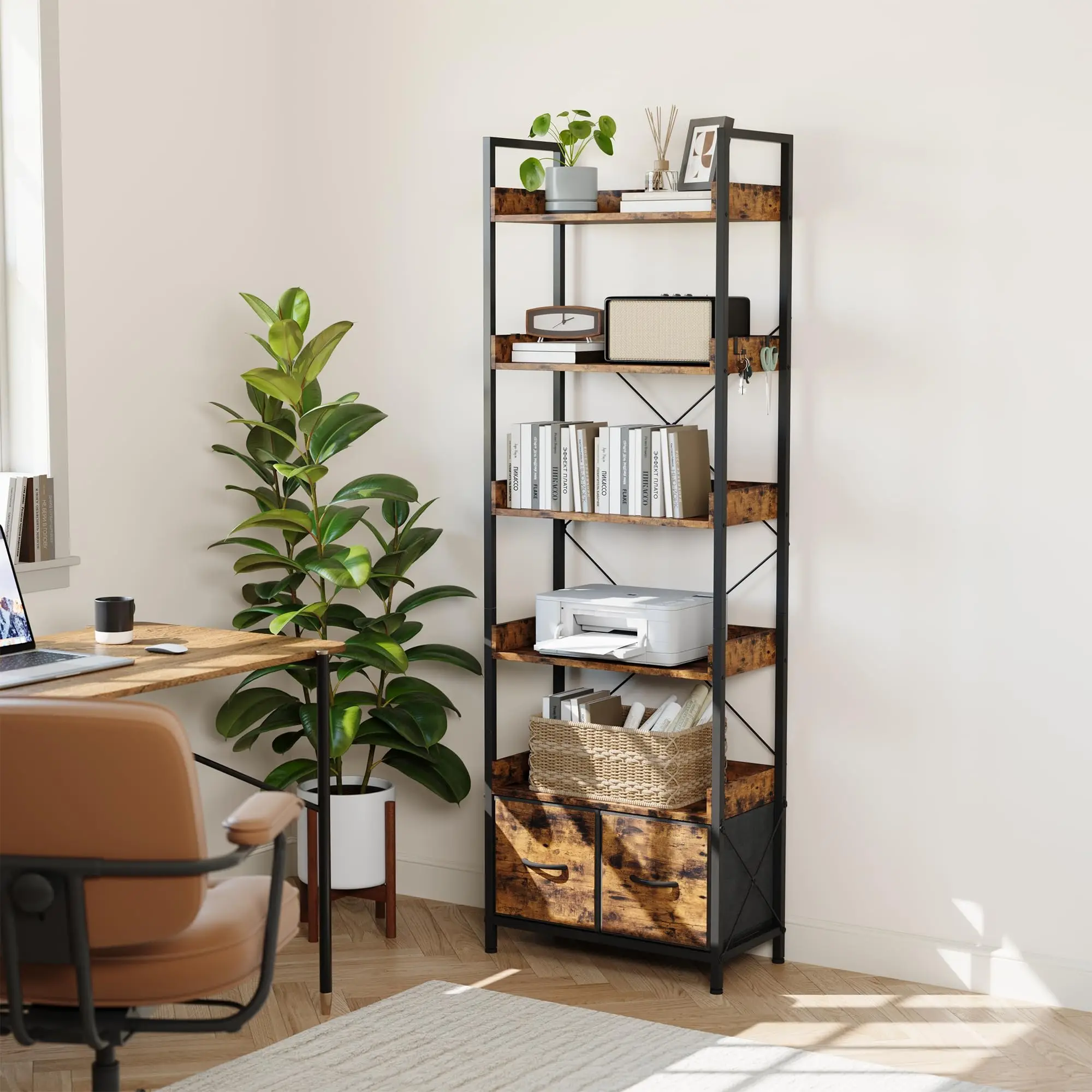 6 Tier Tall Bookshelf, Modern Bookcase with Fabric Drawer 71 Inch Industrial Book Shelves with Storage, Metal Frame for Living Room, Bedroom, Home Office, Rustic Brown