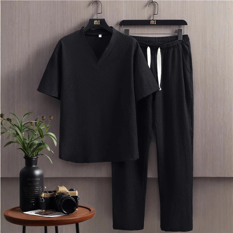 Men's Sets Fashion Casual Solid Color T-shirts Pants Suits Male Spring Summer Suits Black Khaki