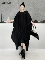 XITAO Black Irregular Batwing Sleeve Dress Loose Fashion Folds Patchwork Hem 2024 Summer New Personality Women WLD20226