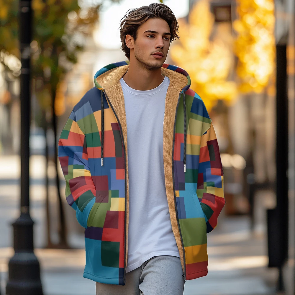 Ropa de invierno para hombre, abrigos de plumón, gráficos irregulares, costura de color, chaqueta acolchada de algodón, cremallera con bolsillo de plumas, nuevo