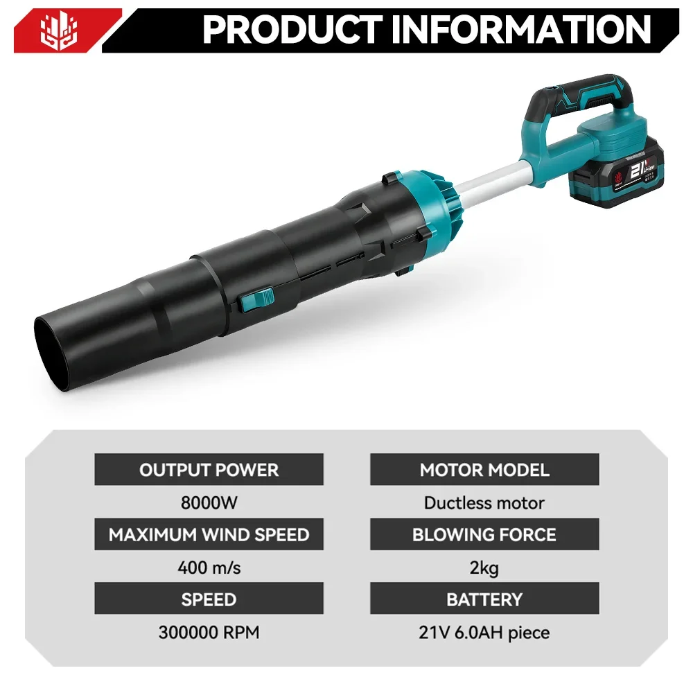 ONEVAN 8000W 400M/s Bürstenloser Elektrischer Turbo-Gebläse, Kabelloser Laubbläser mit Hoher Reinigungsleistung, Kompatibel mit Makita 18V Akku – Detail 4