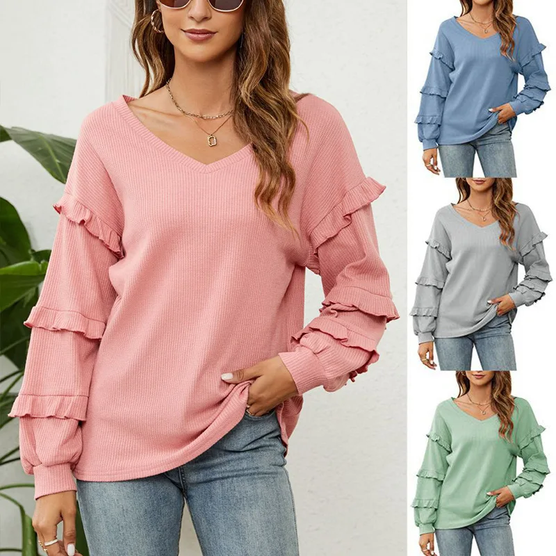 

Women's clothing long sleeved top autumn winter new products women's waffle V-neck ruffled lantern sleeve top casual daily wear