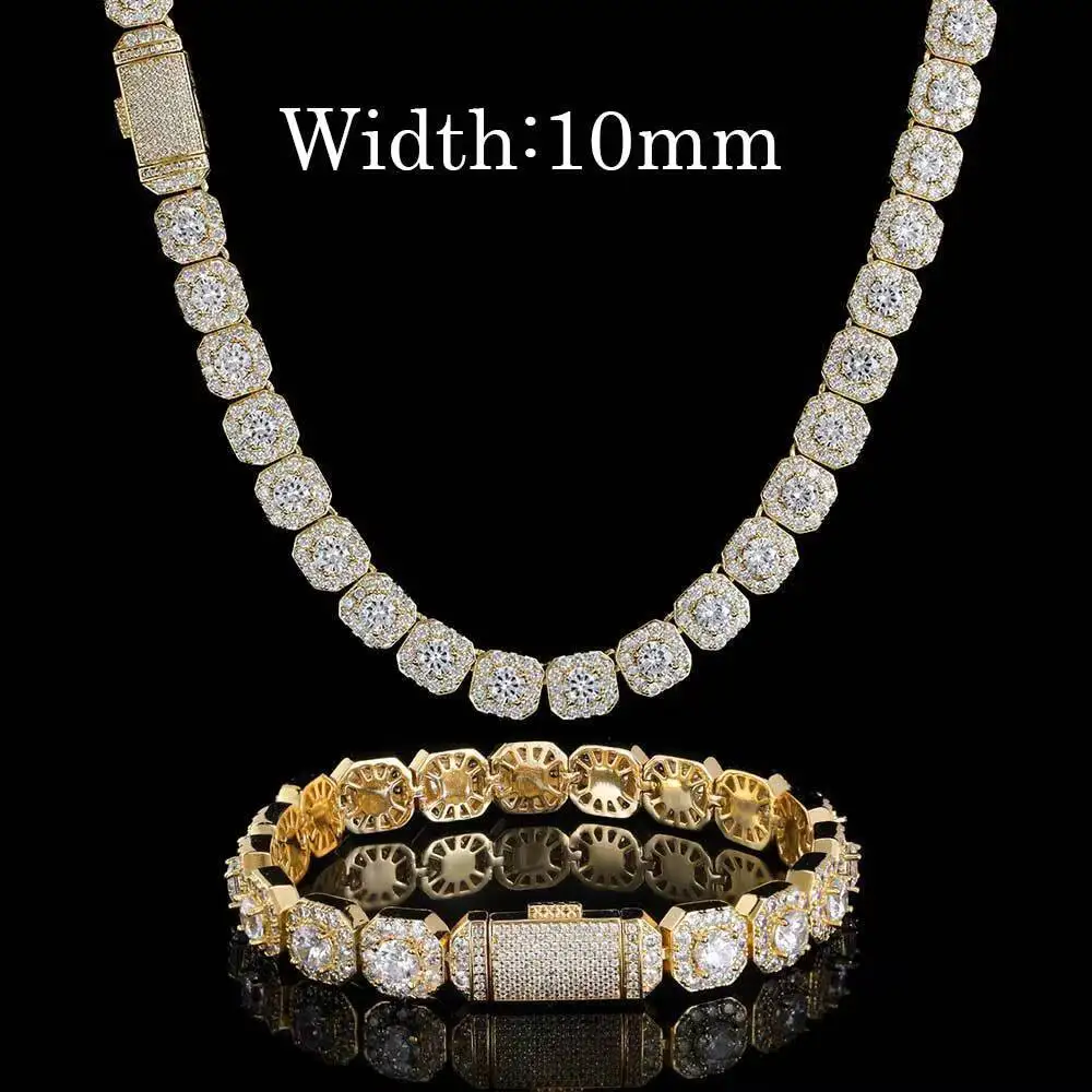 S925 necklace Moissanite High Quality 10mm 12mm Silver Gold Plated Link Chain Necklace Hip Hop Style Iced Diamond Cluster Ten