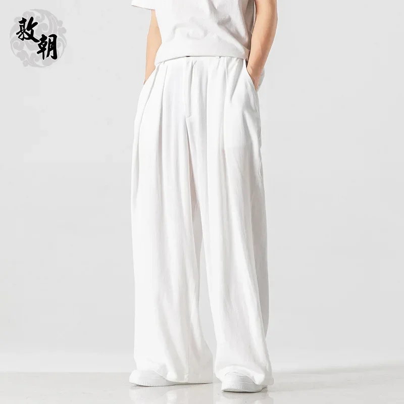 Hanfu Spirit Draped Linen Pants For Men Straight-leg Casual Trousers Chinese Style Loose-fit Ancient Wide-leg Song Trousers